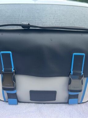 Coach Two-Tone Black and Light Gray Messenger Bag with Blue Accents
